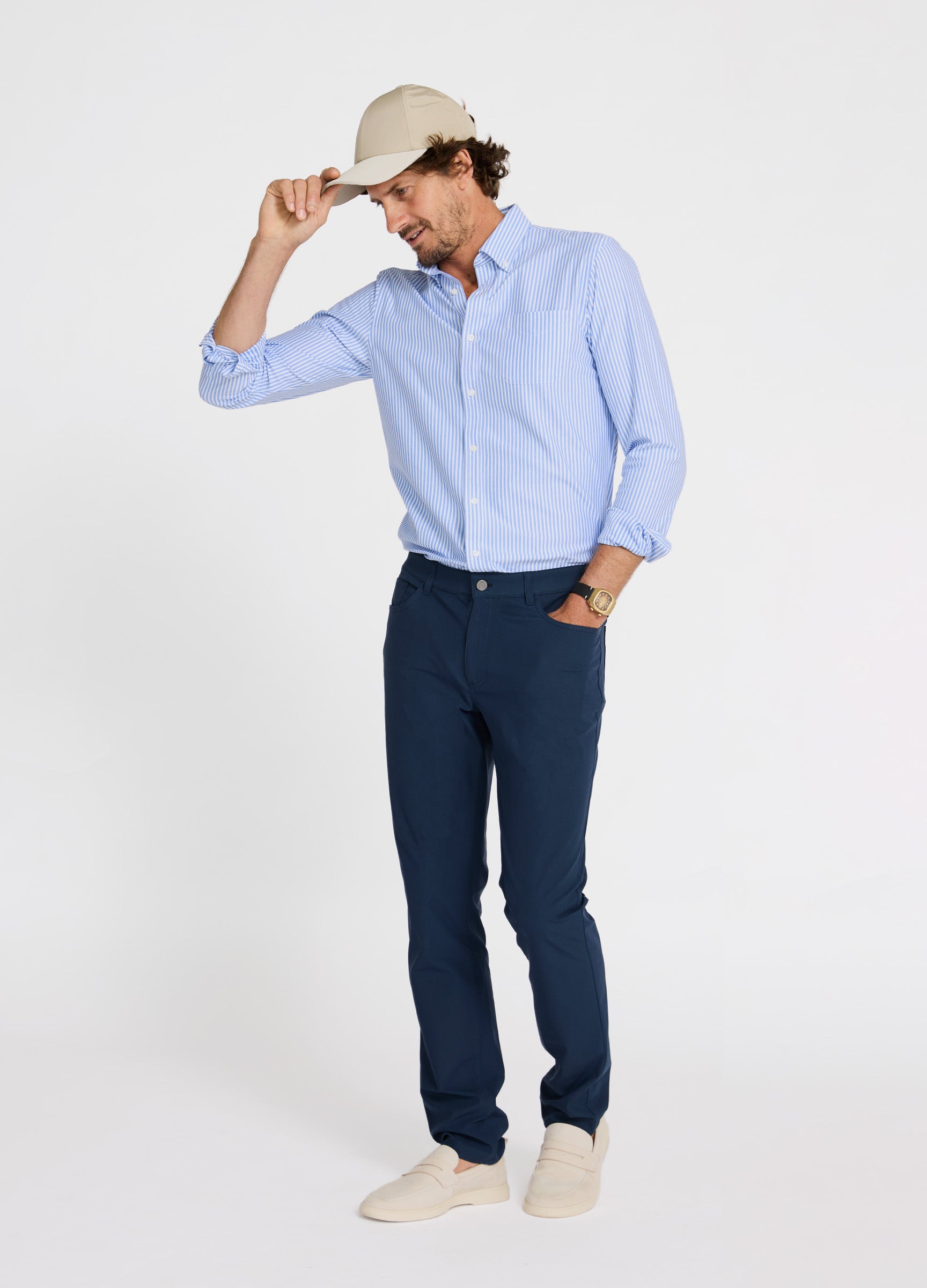 Four Seasons Travel Pant in Navy – Versatile Travel Outfit Styled for Office, Golf & City #color_navy