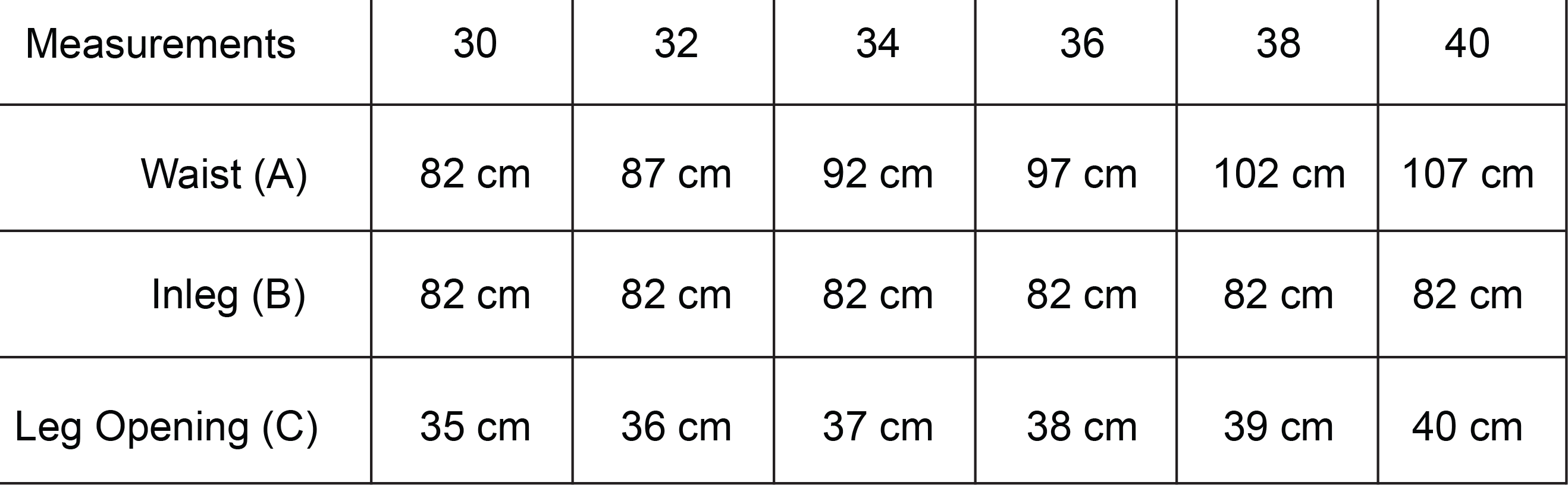 ABOARD Apparel Chino Pant Size Chart Measurements
