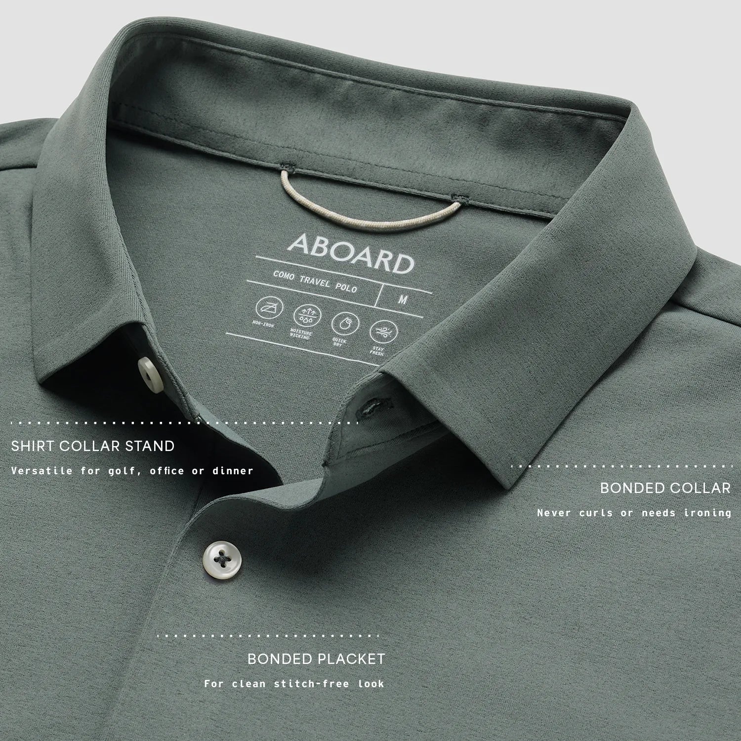 Close-up of ABOARD Como Travel Polo collar and placket, featuring hi-tech bonded technology for a smooth, clean look with no effort.