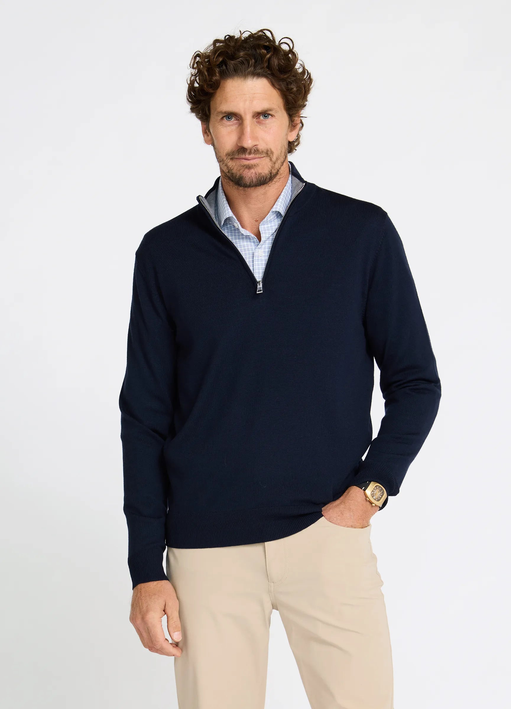 Verbier Merino Travel Quarter Zip front view in ultra-fine Australian Merino knit in Navy #color_navy