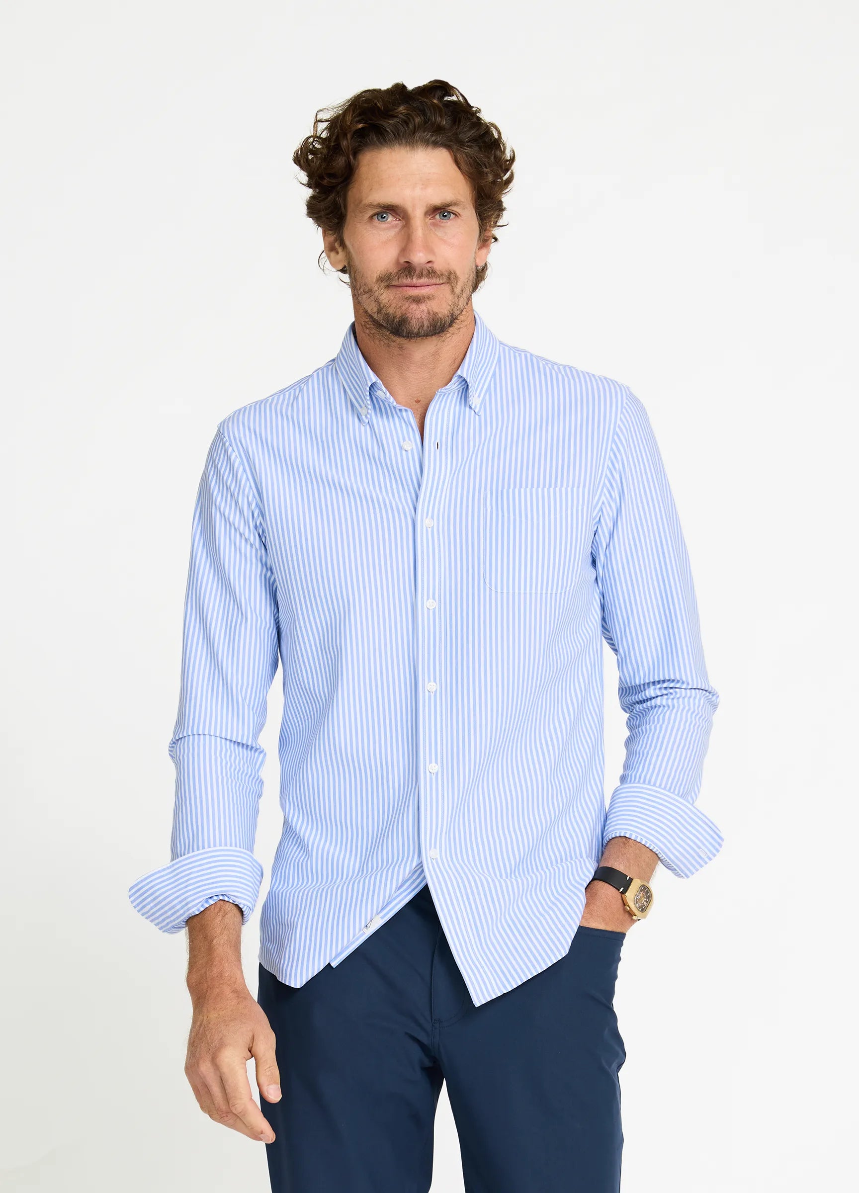 Aboard Riviera Stripe Knit Oxford Travel Shirt front view — men's blue stripe button down travel shirt