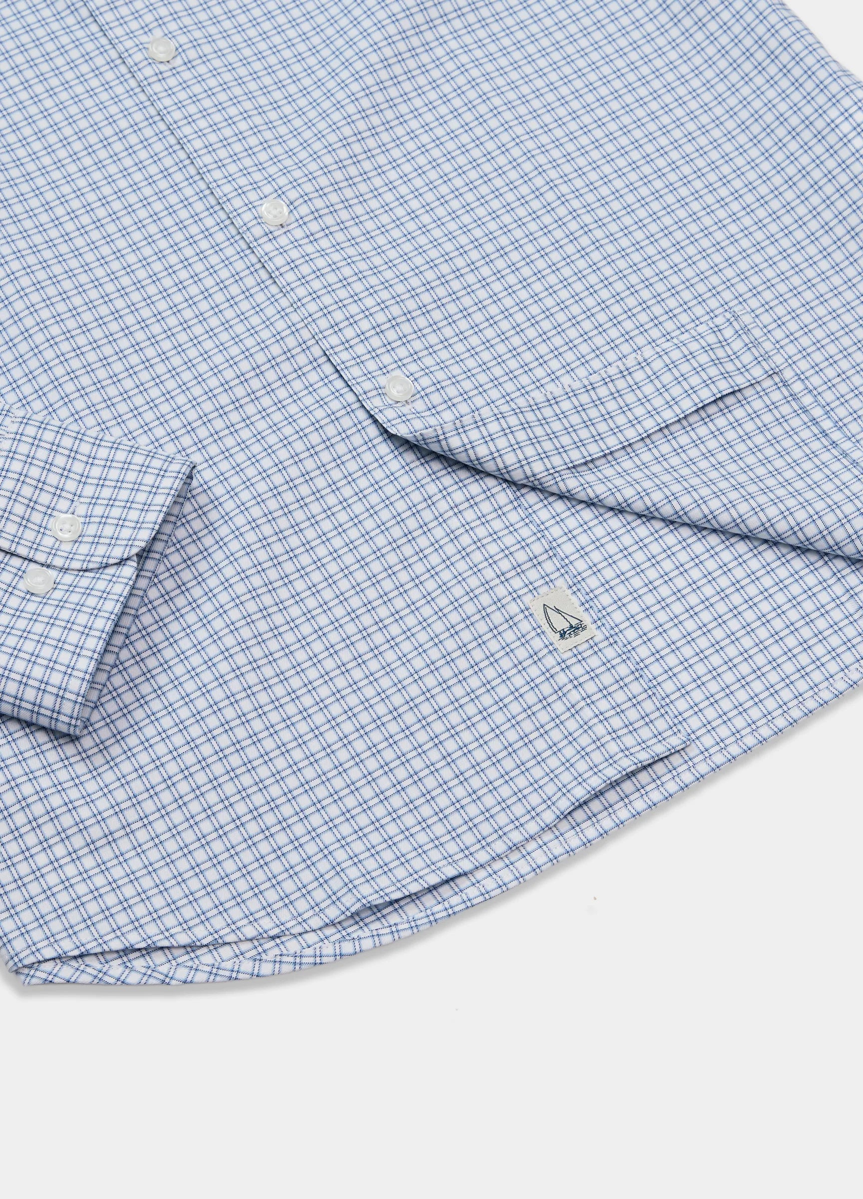 Mayfair Check Travel Shirt French placket and cuff detail — mini check stretch travel shirt