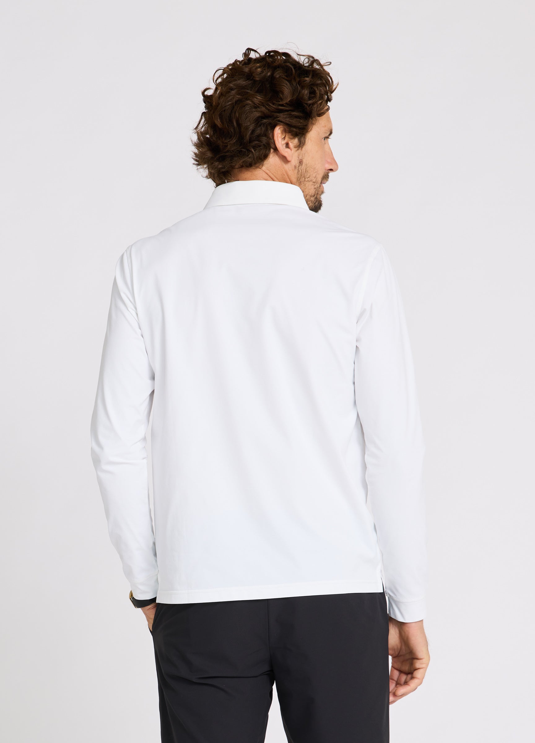 Como Long Sleeve Travel Polo in White – Back View, Performance Polo with Sun Protection & Timeless Style #color_white