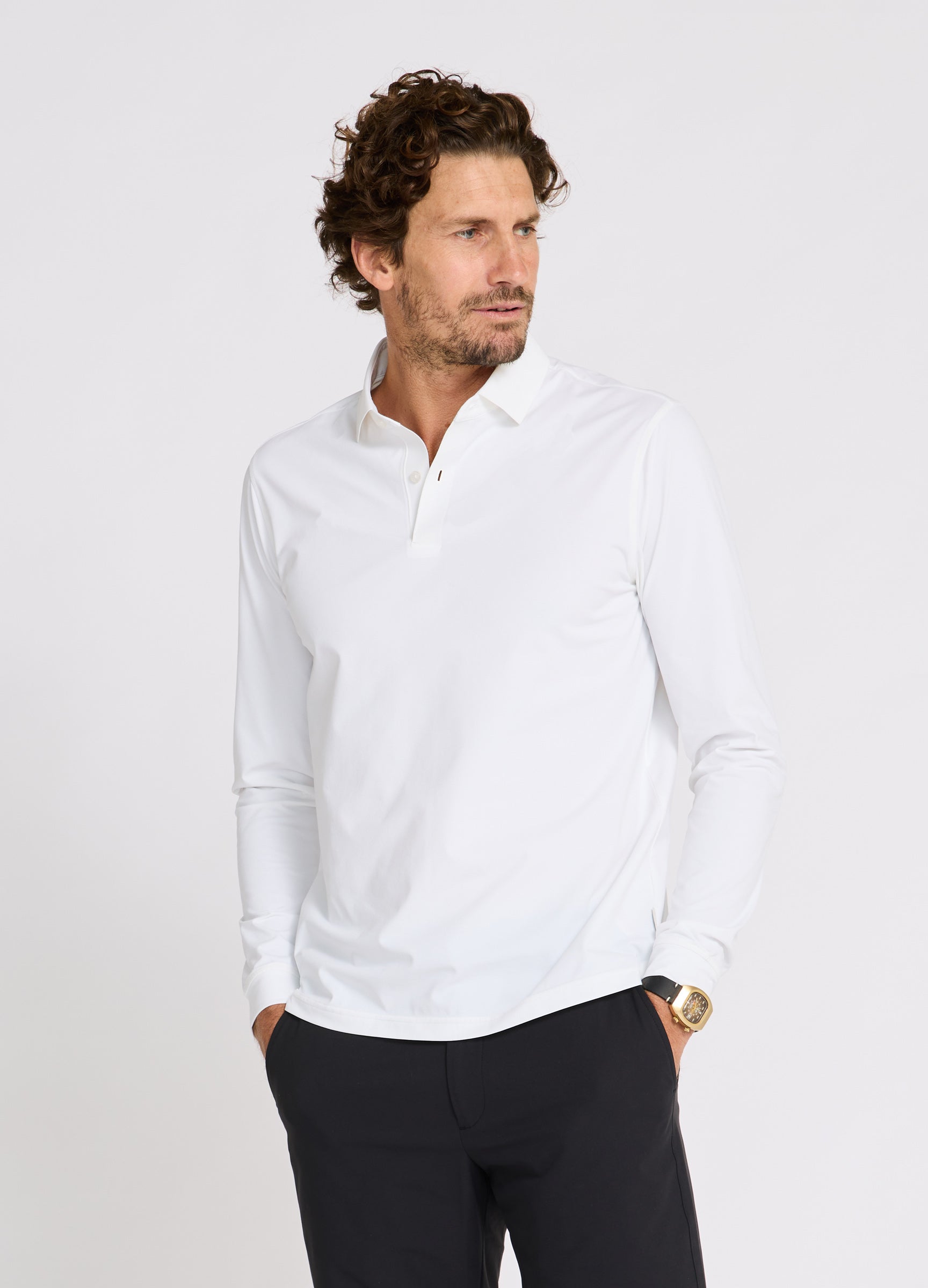 Como Long Sleeve Travel Polo in White – Performance Polo with Sun Protection, Moisture-Wicking & Timeless Style #color_white