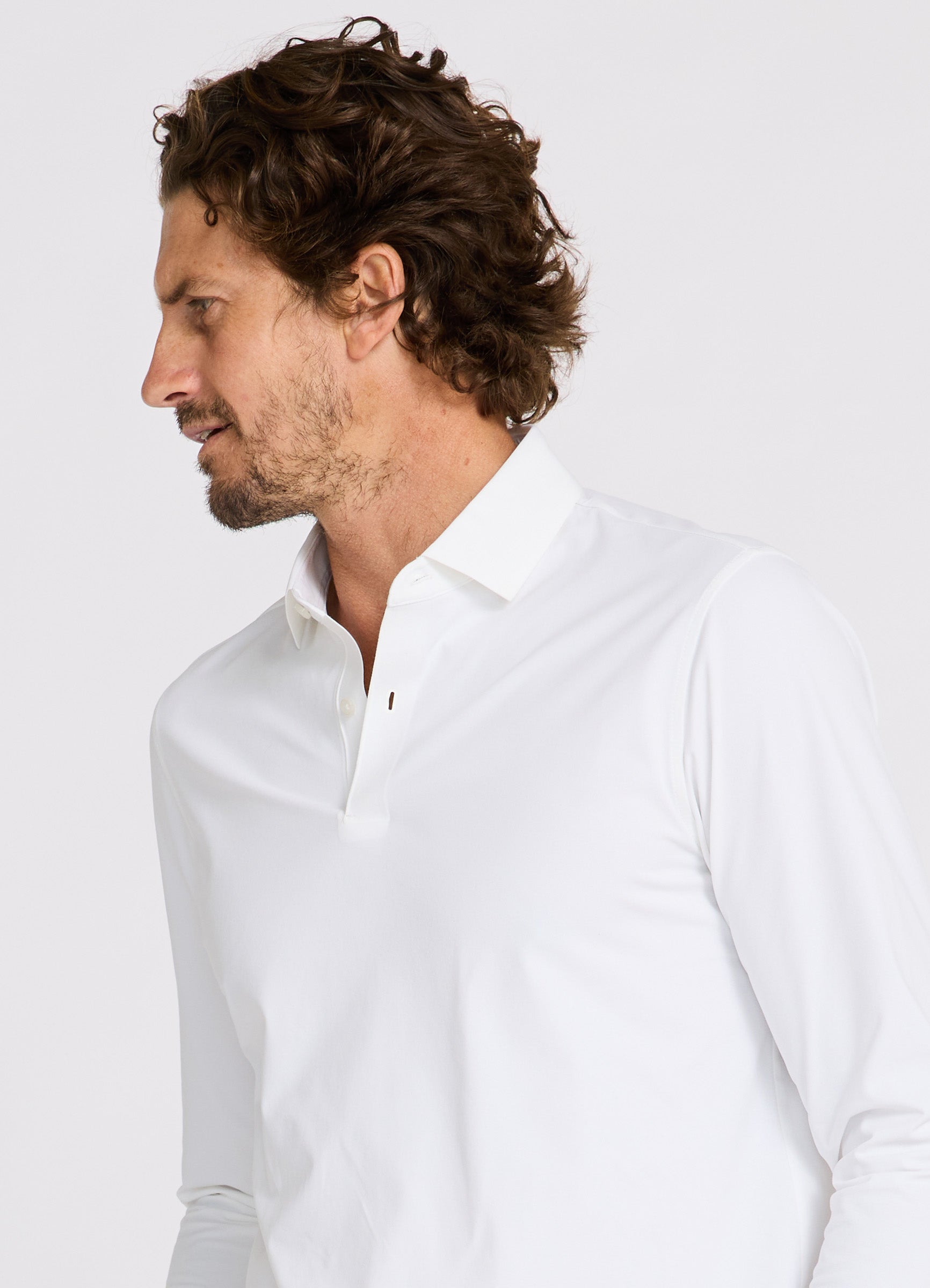 Como Long Sleeve Travel Polo in White – Front Detail, Performance Polo with Sun Protection & Breathable Fabric #color_white