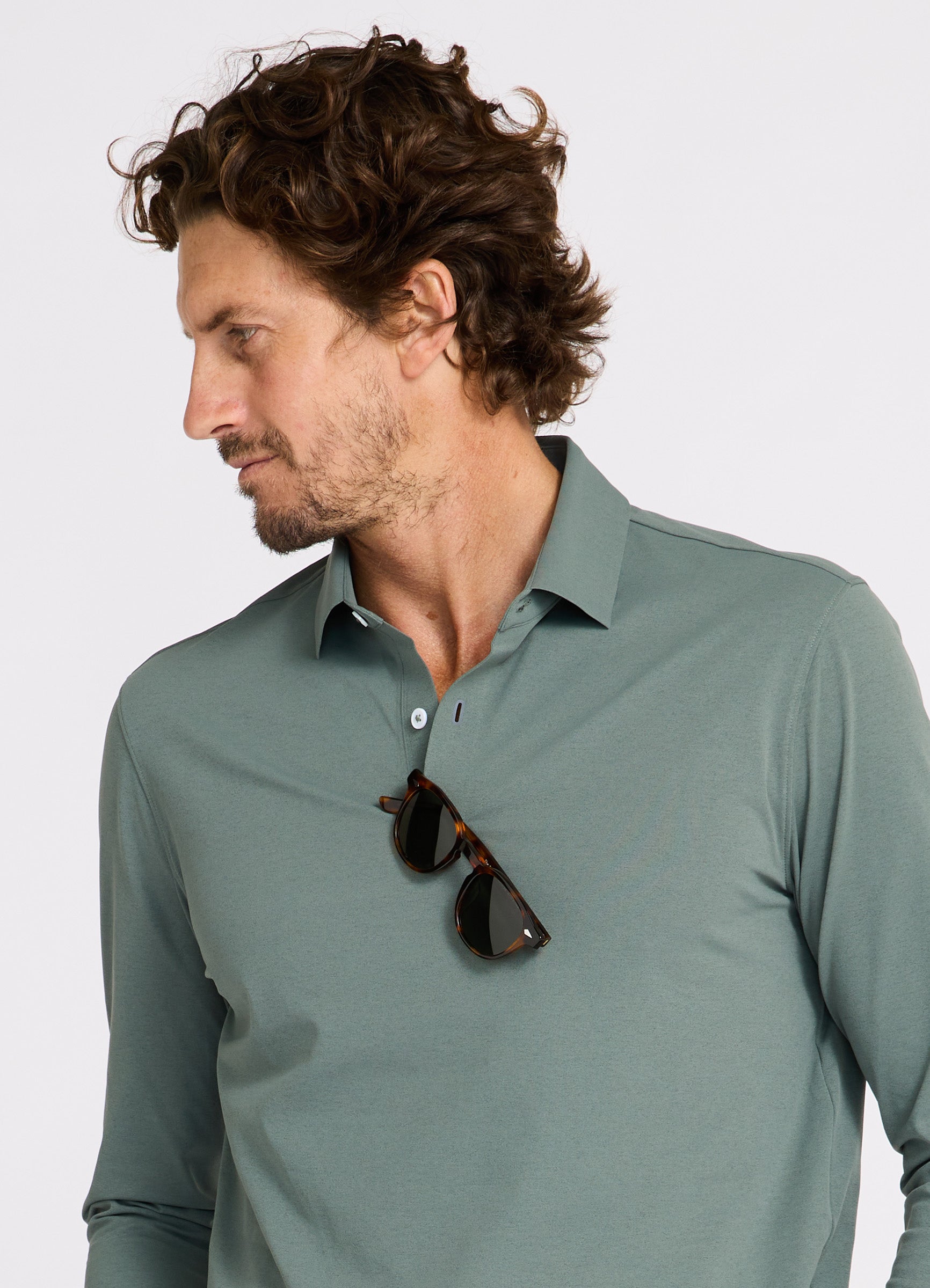 Como Long Sleeve Travel Polo in Sea Green – Front Detail, Performance Polo with Sun Protection & Breathable Fabric #color_sea green