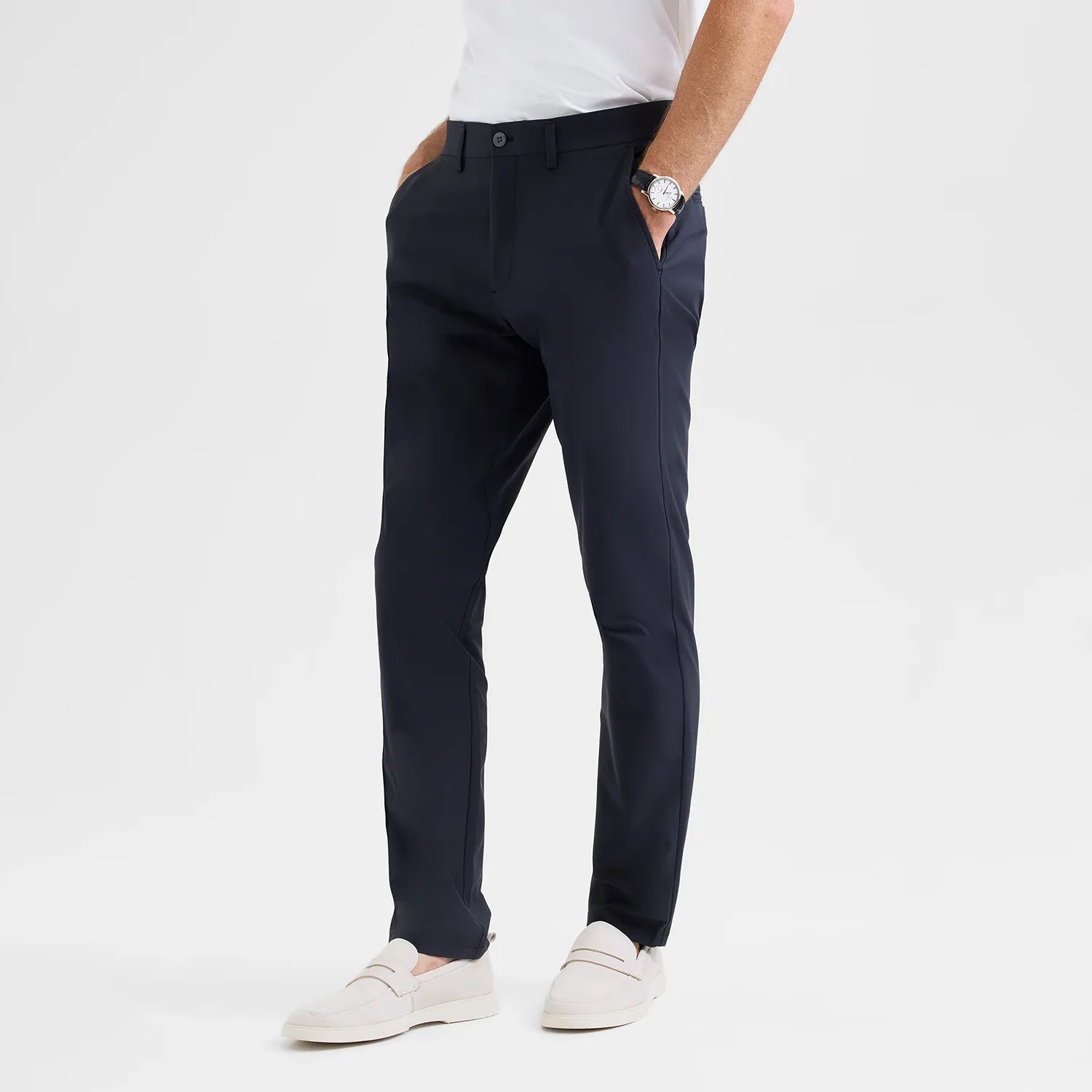 Positano Travel Chino in Black – luxury performance, four-way stretch, wrinkle-resistant, perfect for travel and everyday wear.