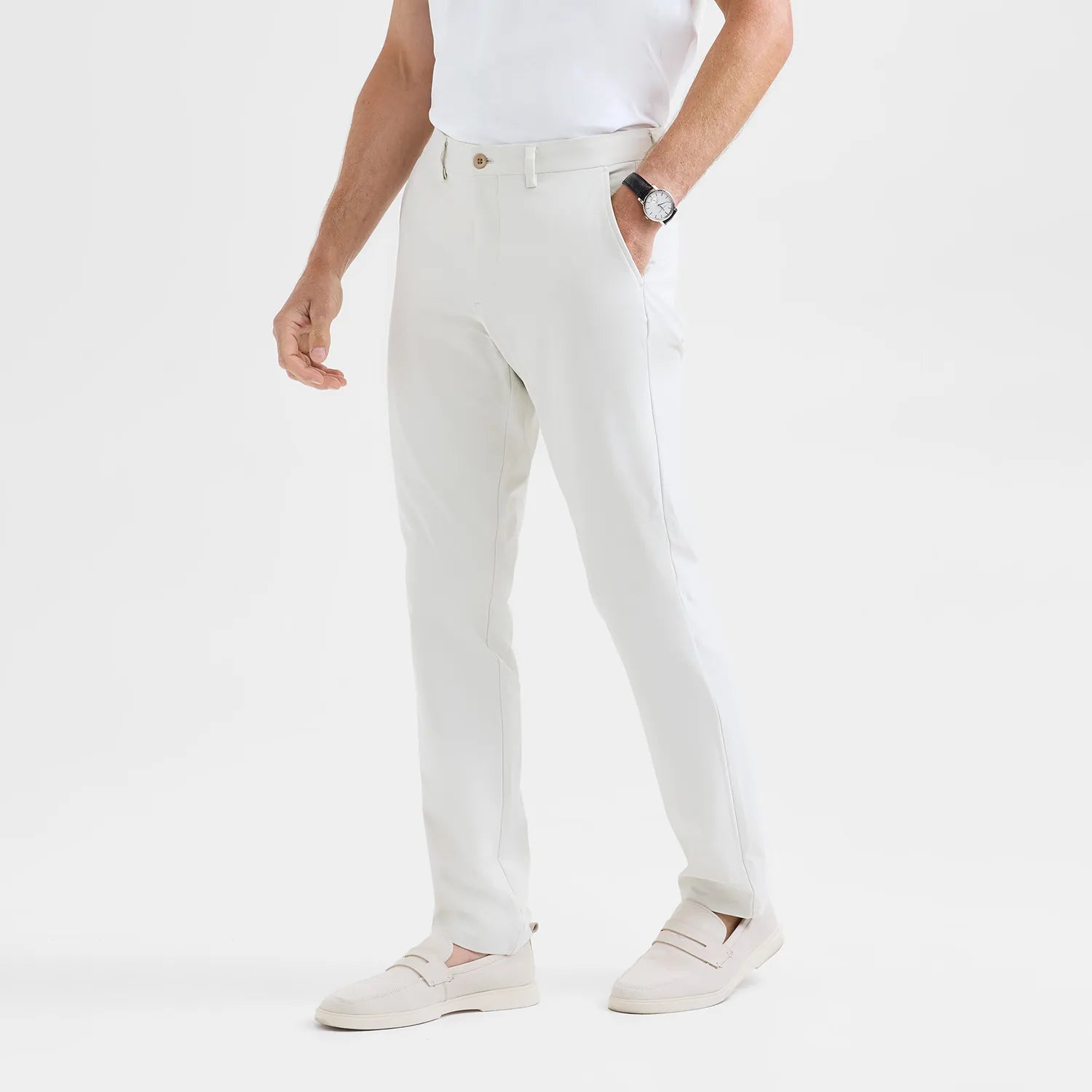 Bone Positano Travel Chino – stylish, wrinkle-resistant chinos with hidden zip pocket and luxurious Corozo nut buttons for travel and leisure.