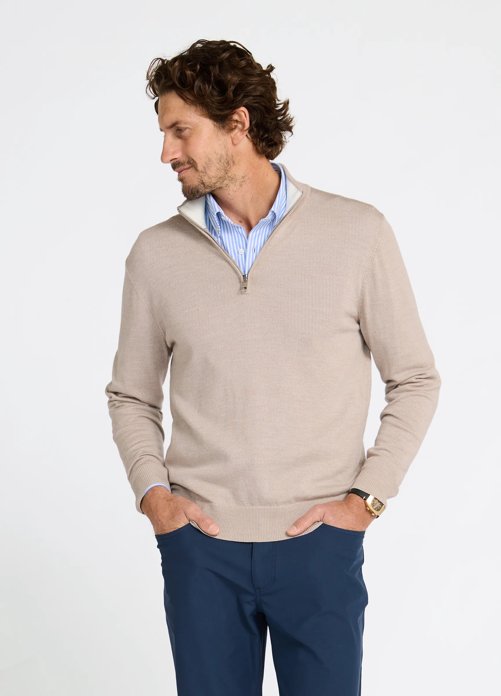 Verbier Merino Travel Quarter Zip front view in ultra-fine Australian Merino knit in Fawn #color_fawn