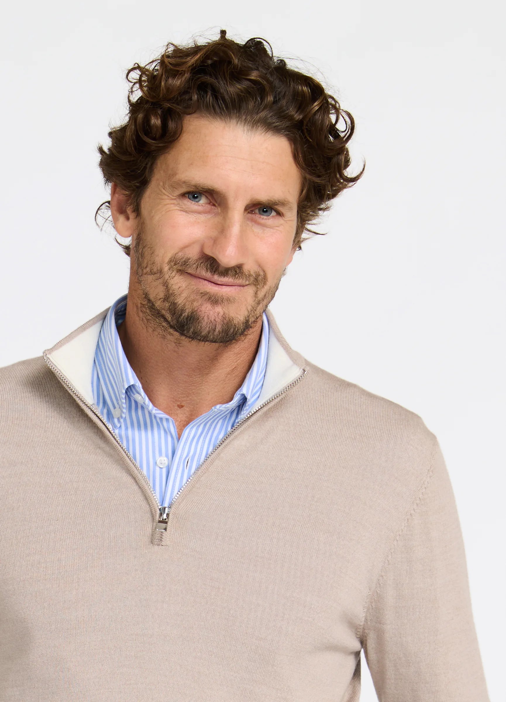 Close-up of ultra-fine Australian Merino knit in Fawn showing Riviera Shirt and quarter zip detail #color_fawn