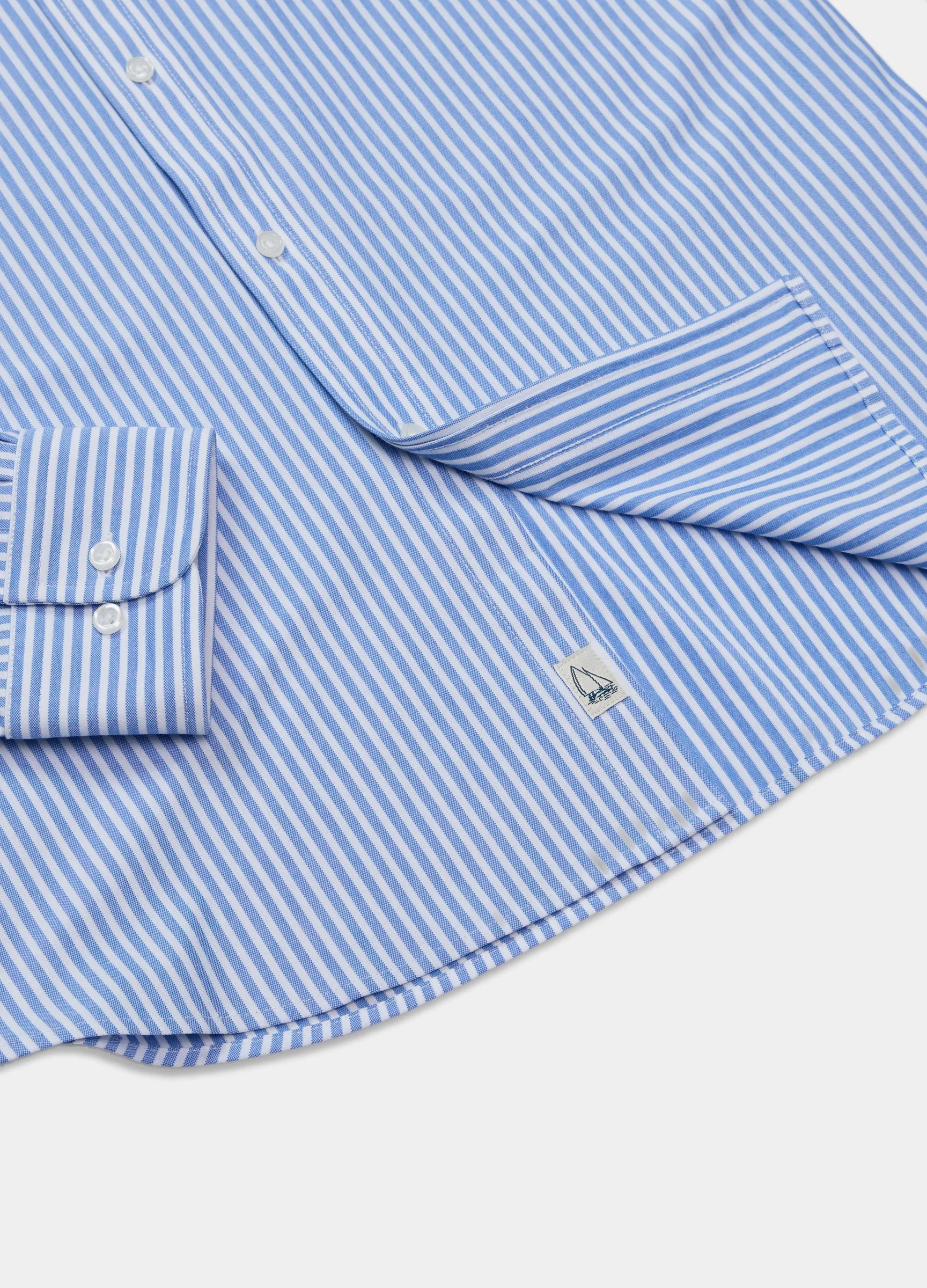 Riviera Stripe Knit Oxford Travel Shirt hem and cuff detail — warp knit fabric close up