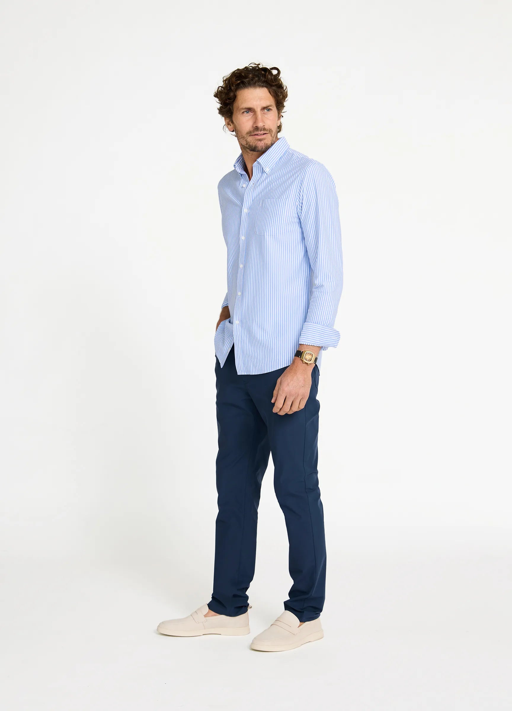 Riviera Stripe Knit Oxford Travel Shirt full length — smart tailored fit men's travel shirt in blue stripe