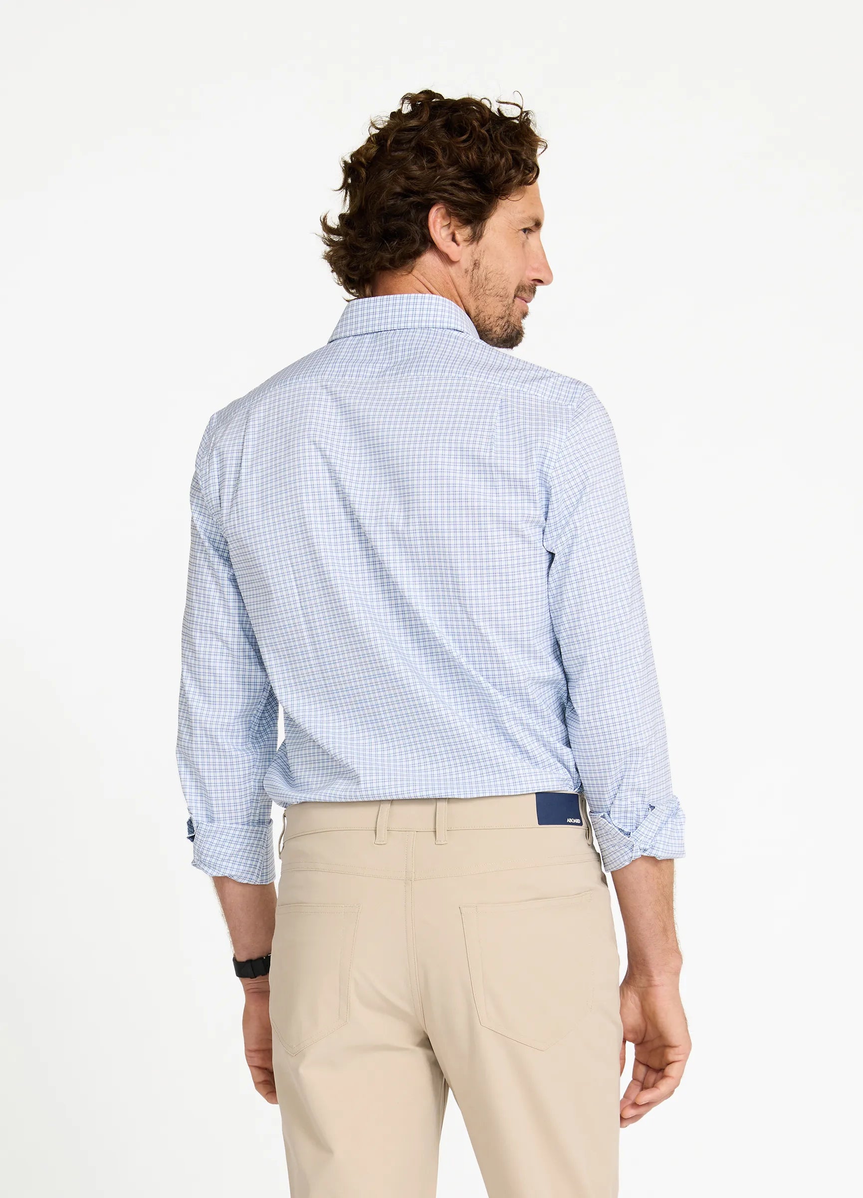 Aboard Mayfair Check Travel Shirt — blue mini check men's travel shirt back view