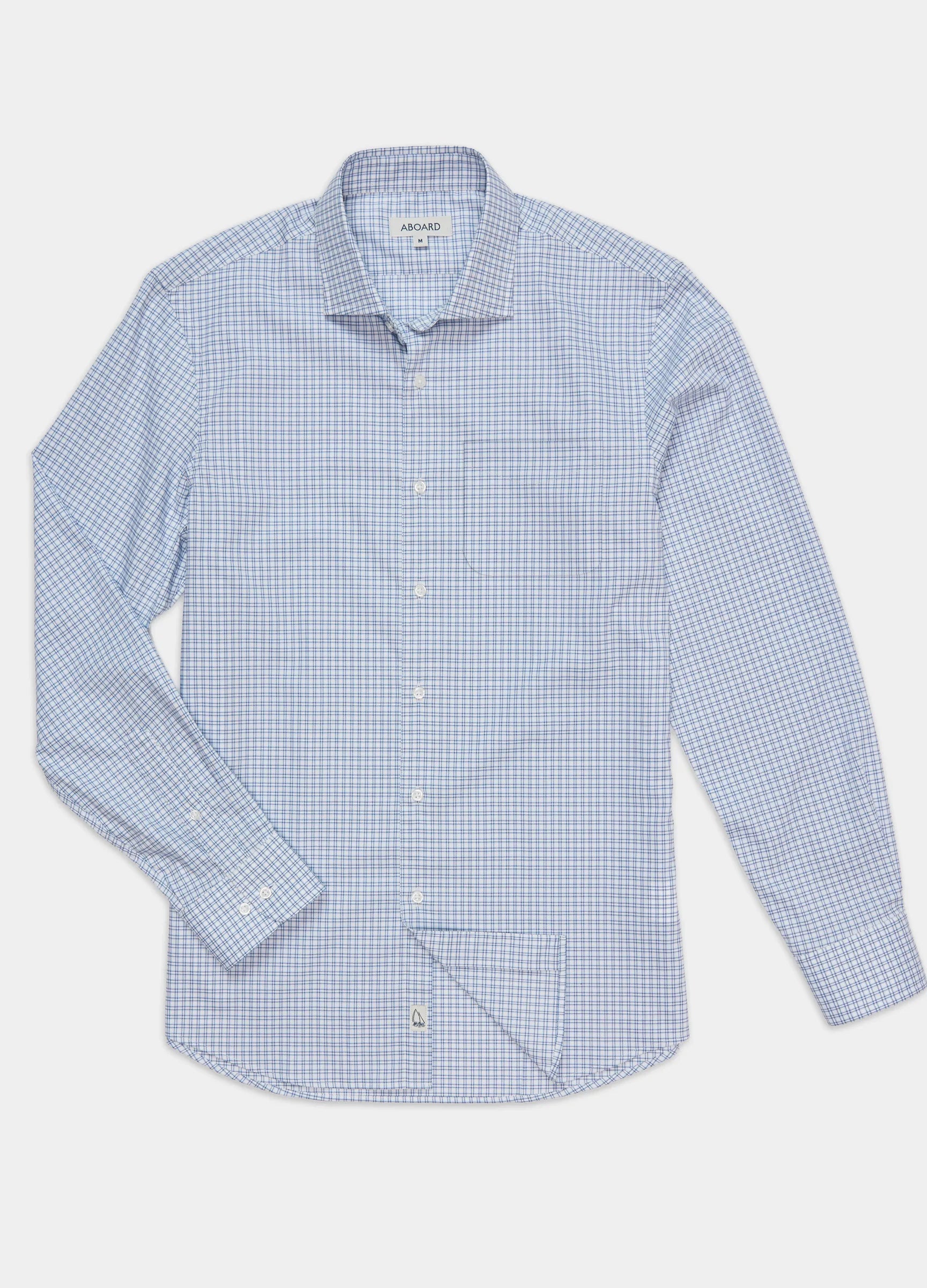 Mayfair Check Travel Shirt flat lay — men's blue mini check stretch business shirt