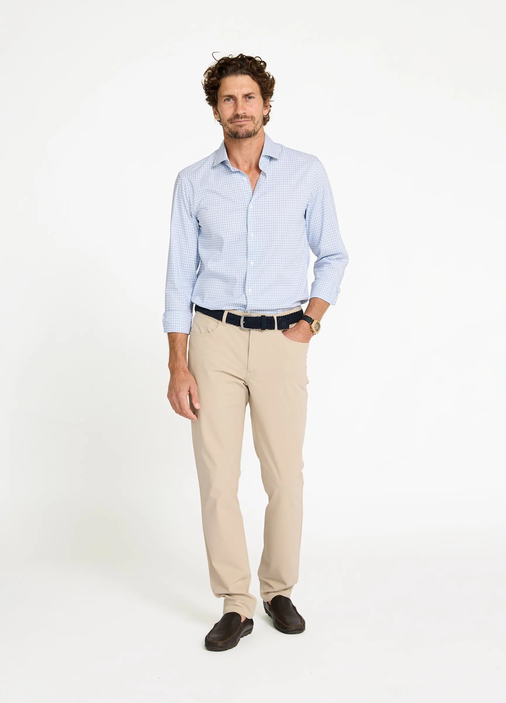 Mayfair Check Travel Shirt full length — smart tailored fit men's check travel shirt in blue