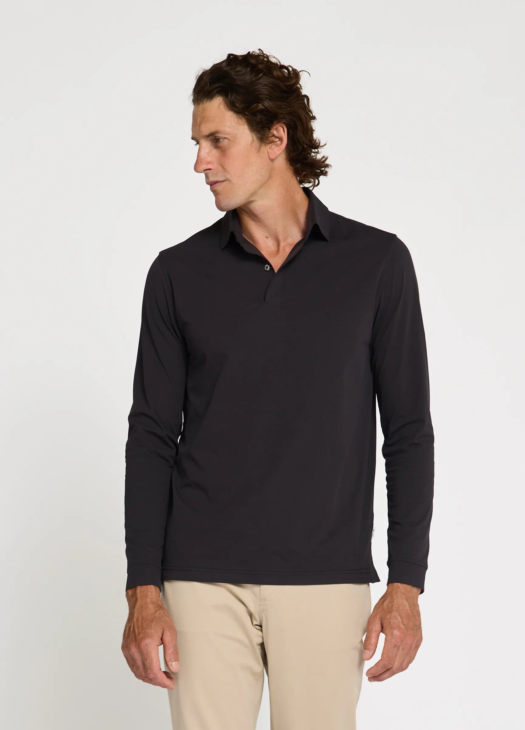Como Long Sleeve Travel Polo in Black – Performance Polo with Sun Protection, Moisture-Wicking & Timeless Style #color_black
