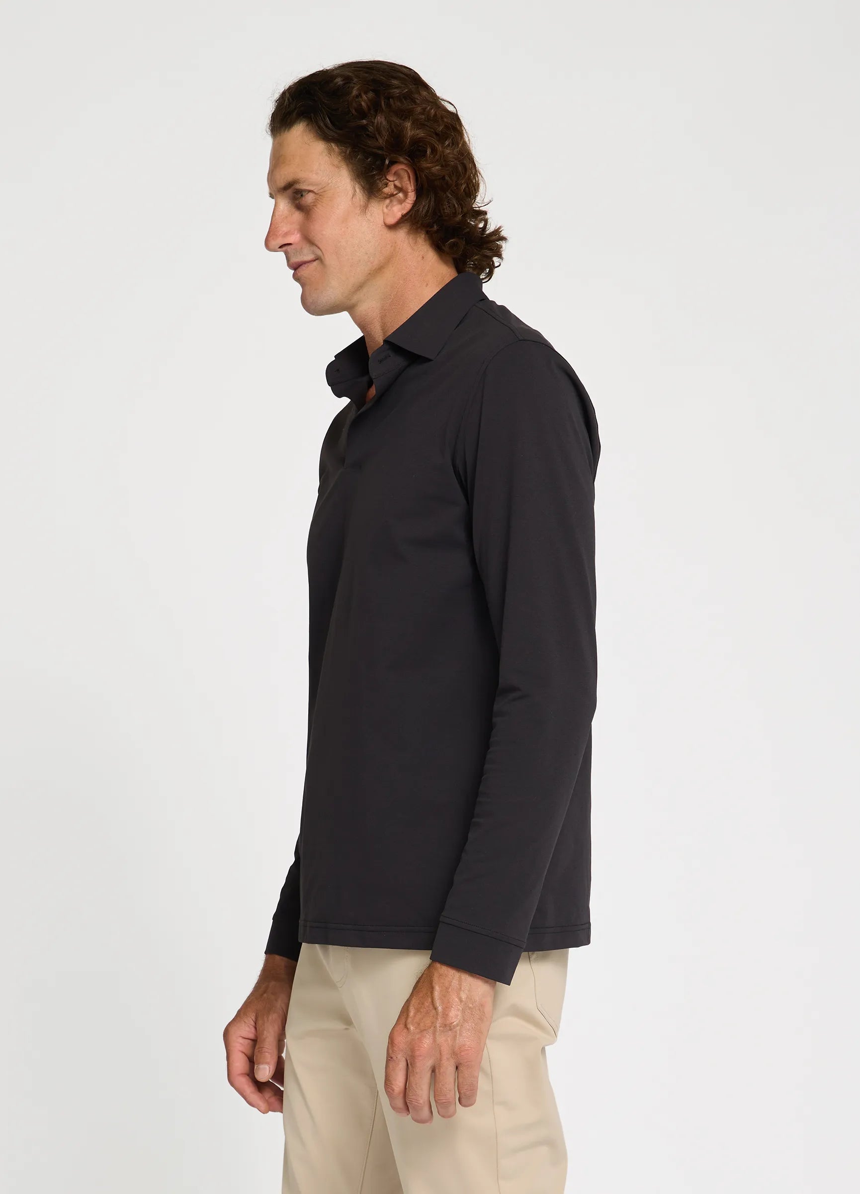 Como Long Sleeve Travel Polo in Black – Performance Polo with Sun Protection, Moisture-Wicking & Timeless Style #color_black
