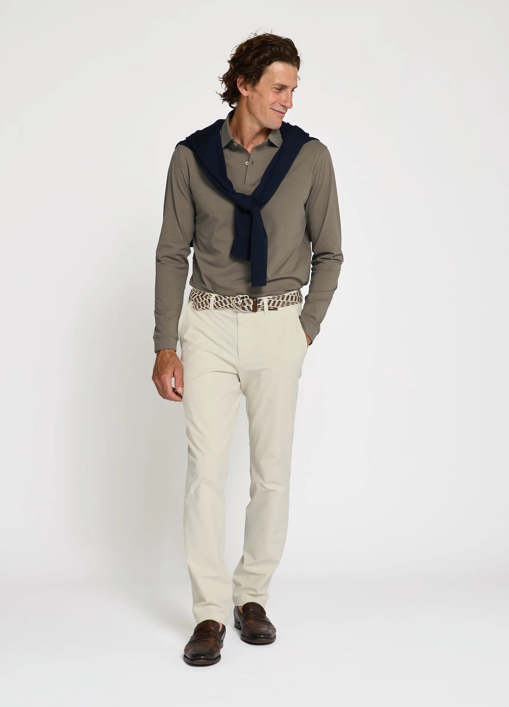 Como Long Sleeve Travel Polo in Dark Truffle – Performance Polo with Sun Protection, Moisture-Wicking & Timeless Style #color_dark truffle