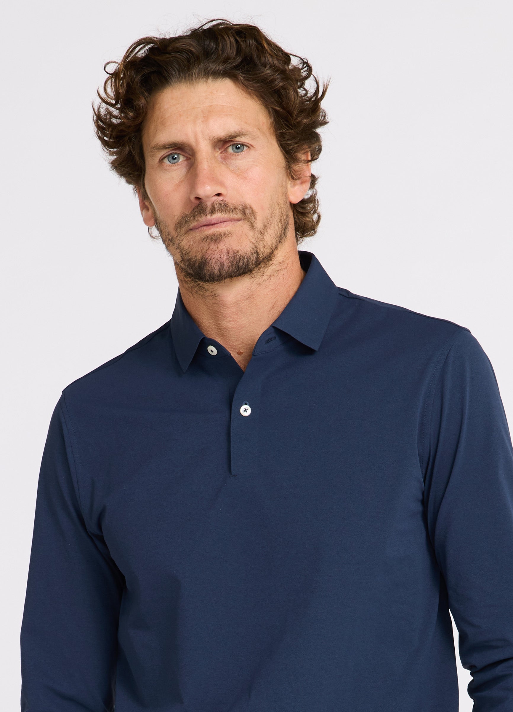 Como Long Sleeve Travel Polo in Navy – Front Detail, Performance Polo with Sun Protection & Breathable Fabric #color_navy