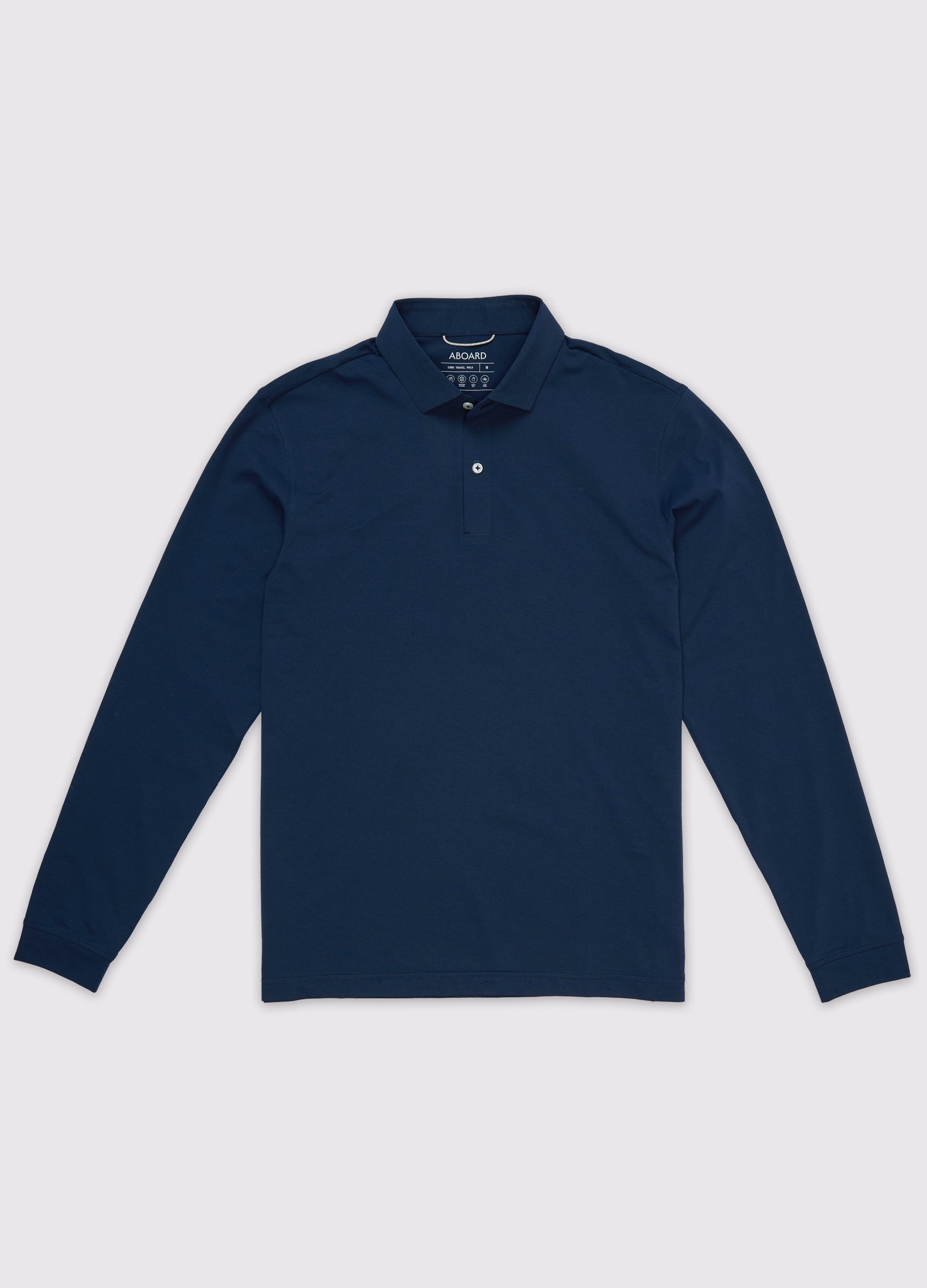 Como Long Sleeve Travel Polo in Navy – Front Flat Lay, Performance Polo with Sun Protection & Timeless Style #color_navy