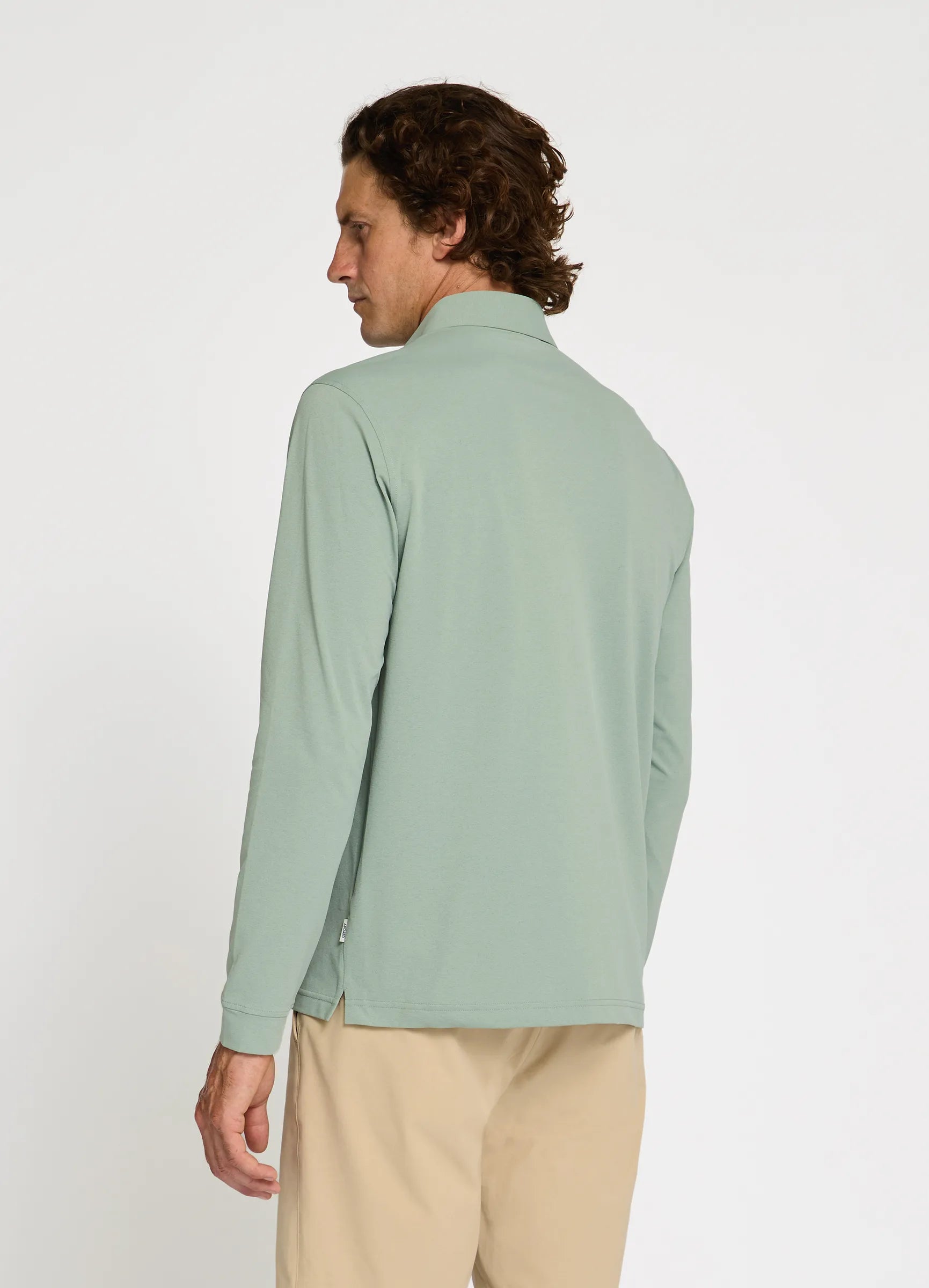 Como Long Sleeve Travel Polo in Sage – Styled Outfit, Performance Polo for Travel, Golf & Work #color_sage