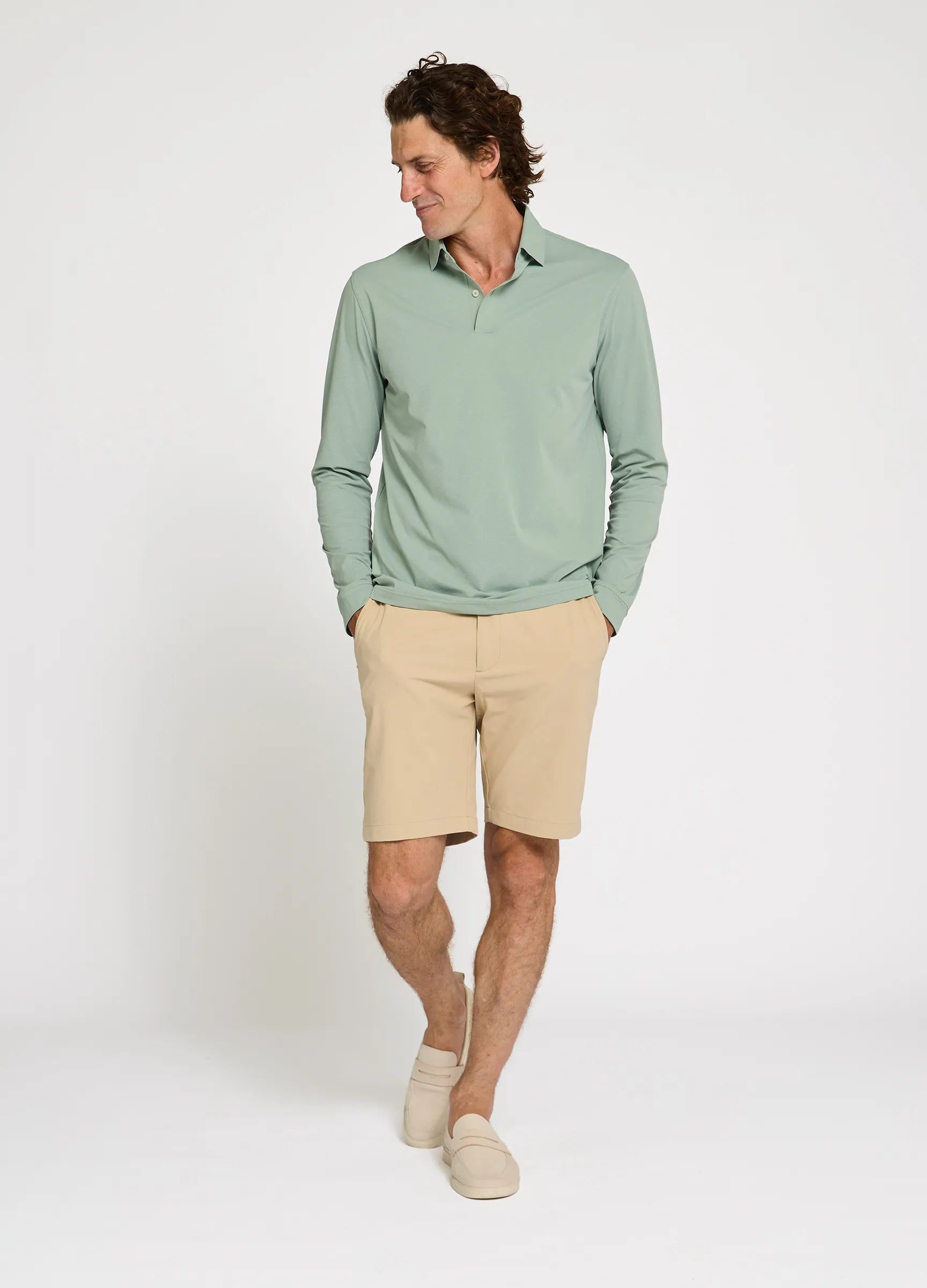 Como Long Sleeve Travel Polo in Sage – Styled Outfit, Performance Polo for Travel, Golf & Work #color_sage