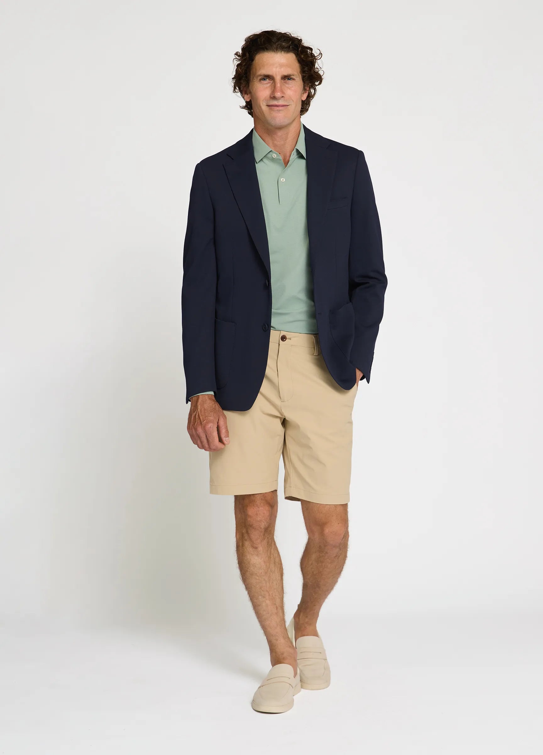 Como Long Sleeve Travel Polo in Sage – Styled Outfit, Performance Polo for Travel, Golf & Work #color_sage