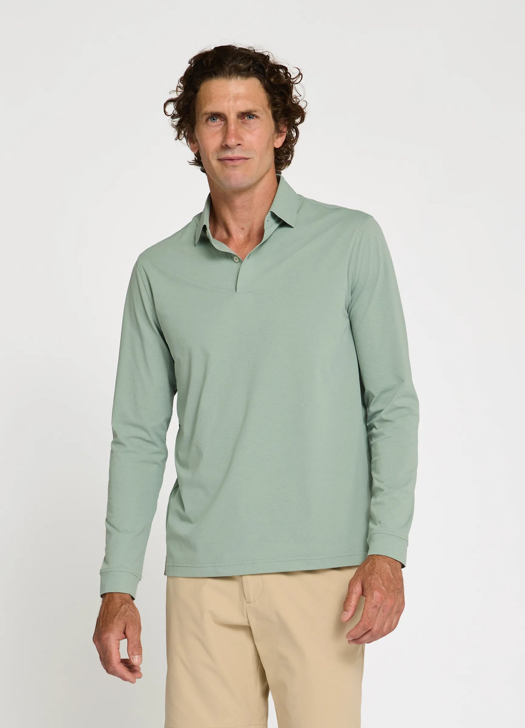 Como Long Sleeve Travel Polo in Sage – Styled Outfit, Performance Polo for Travel, Golf & Work #color_sage