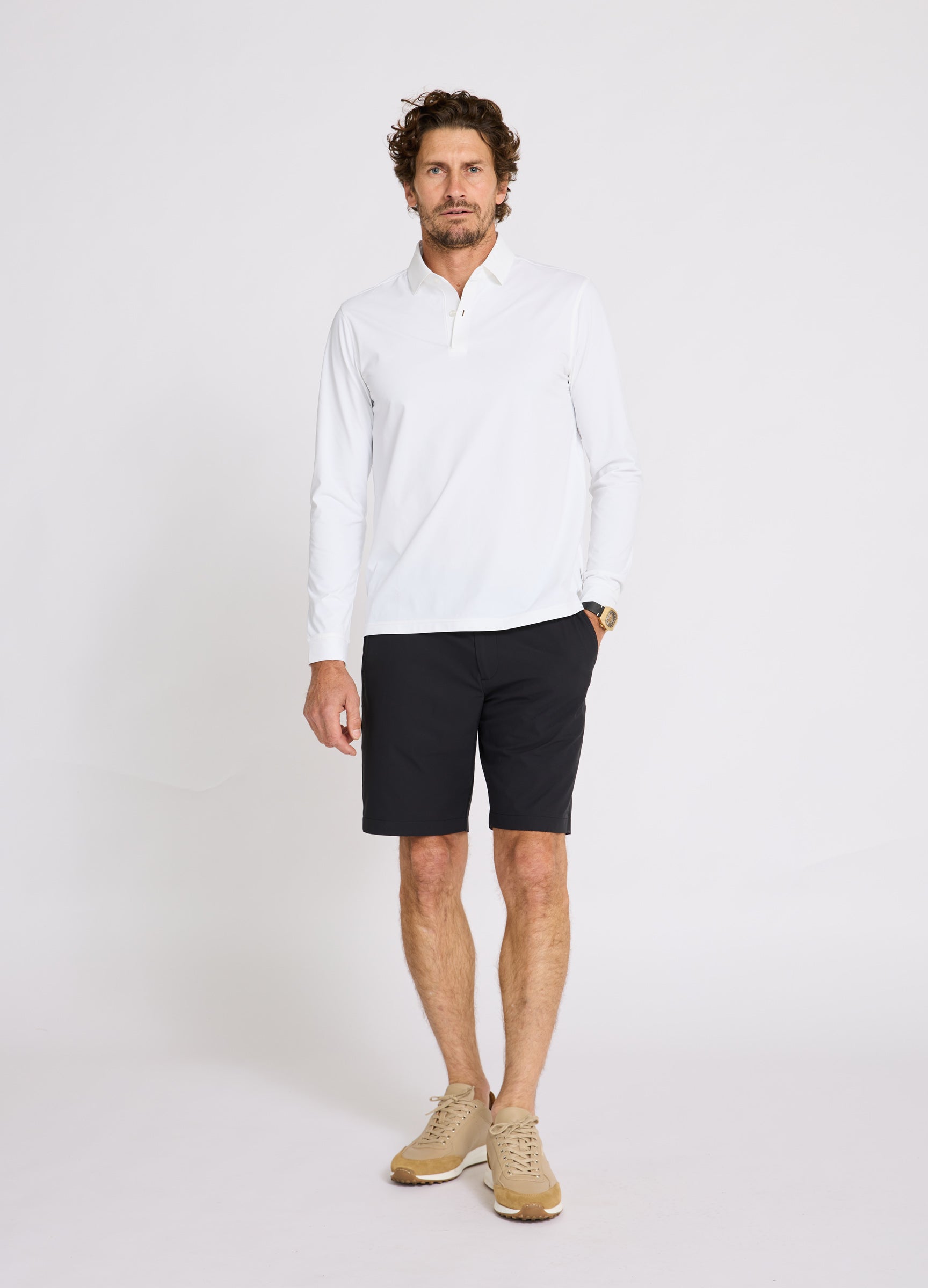 Como Long Sleeve Travel Polo in White – Styled Outfit, Performance Polo for Travel, Golf & Work #color_white