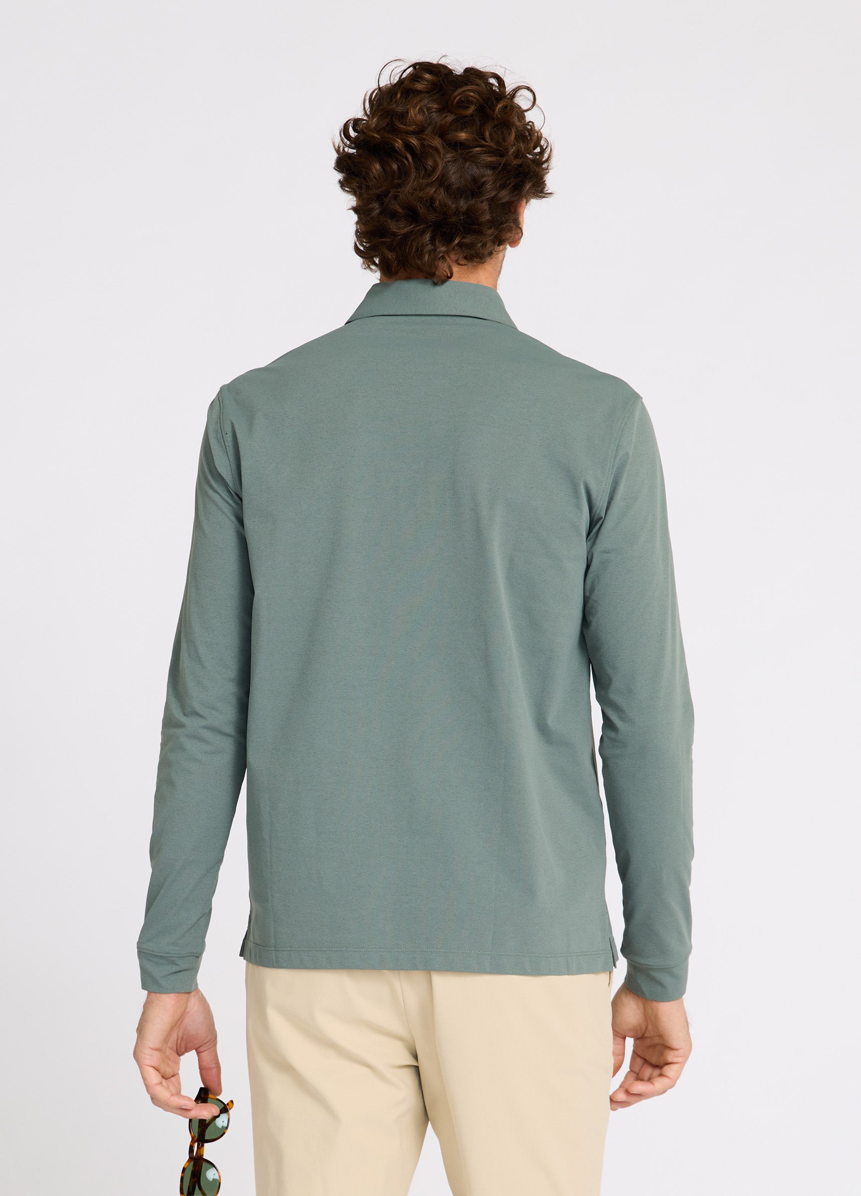 Como Long Sleeve Travel Polo in Sea Green – Back View, Performance Polo with Sun Protection & Timeless Style #color_sea green