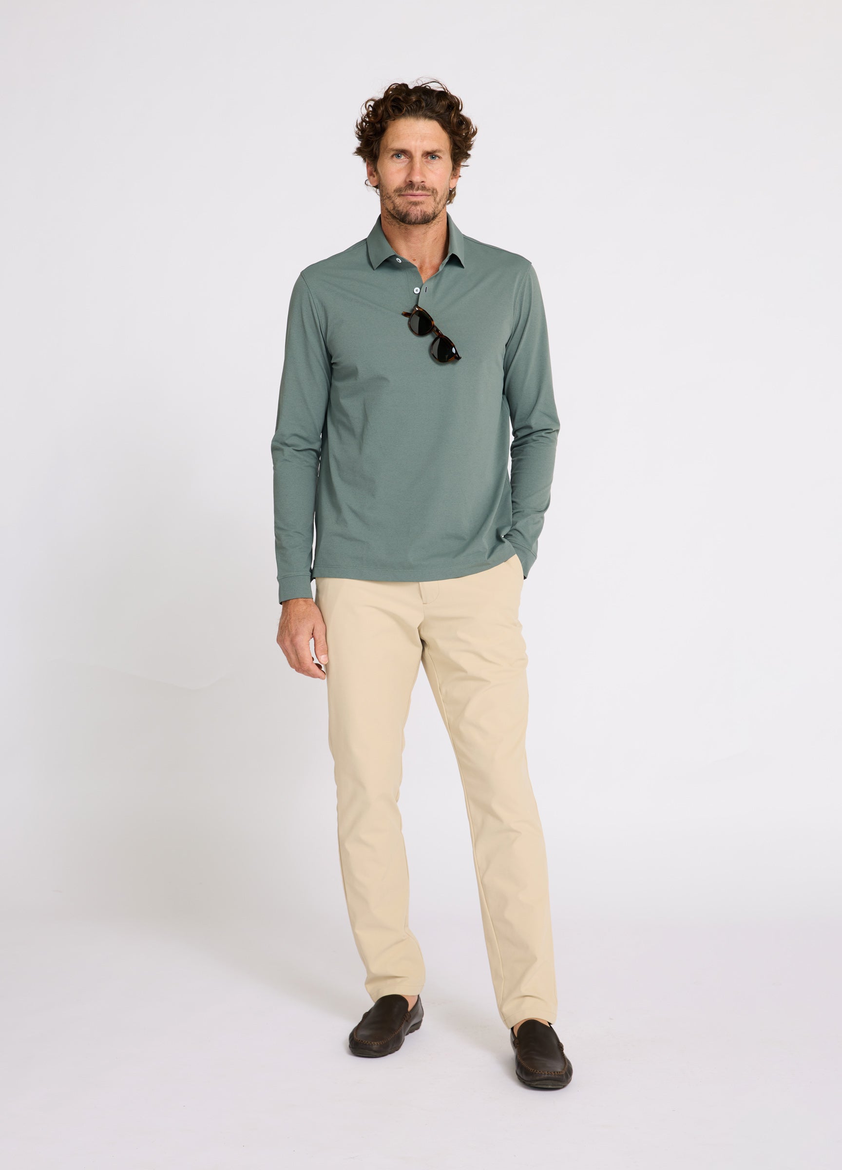 Como Long Sleeve Travel Polo in Sea Green – Outfit with Sunglasses, Performance Polo for Travel, Sailing & office #color_sea green