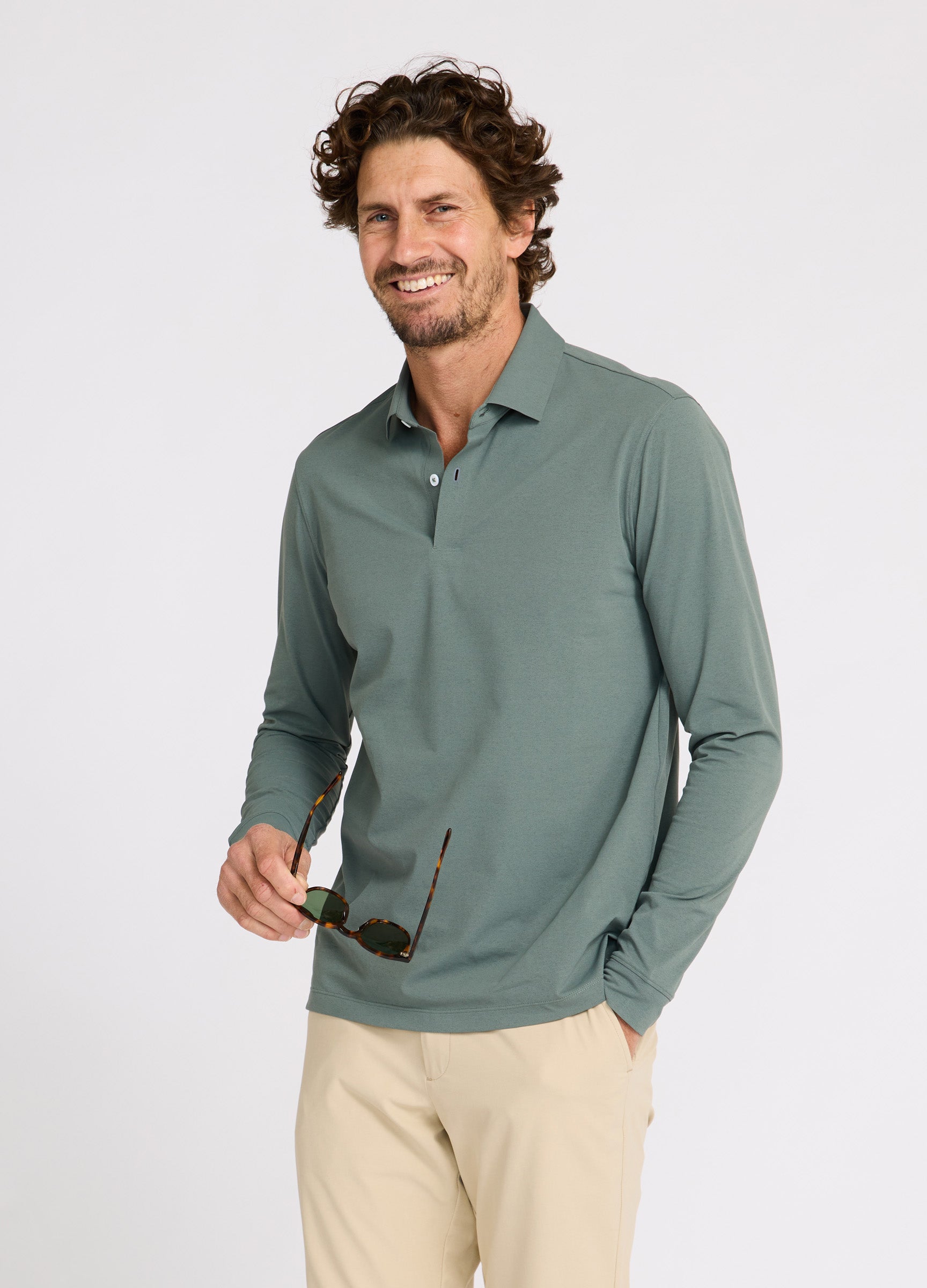Como Long Sleeve Travel Polo in Sea Green – Performance Polo with Sun Protection, Moisture-Wicking & Timeless Style #color_sea green
