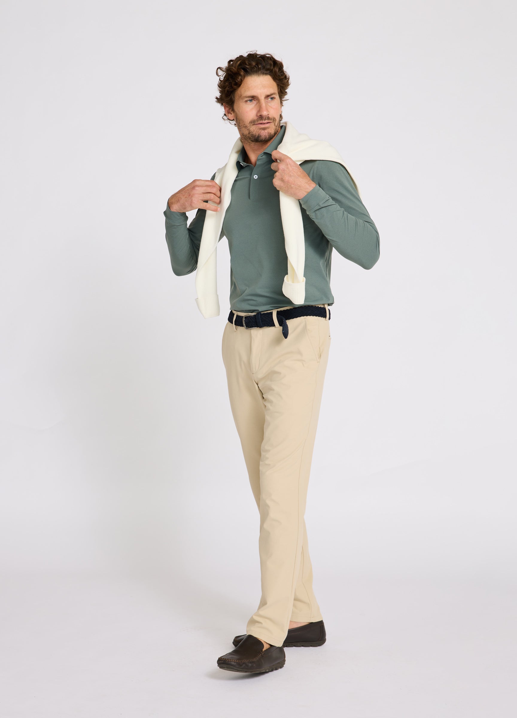Como Long Sleeve Travel Polo in Sea Green – Styled Outfit, Performance Polo for Travel, Golf & Work #color_sea green