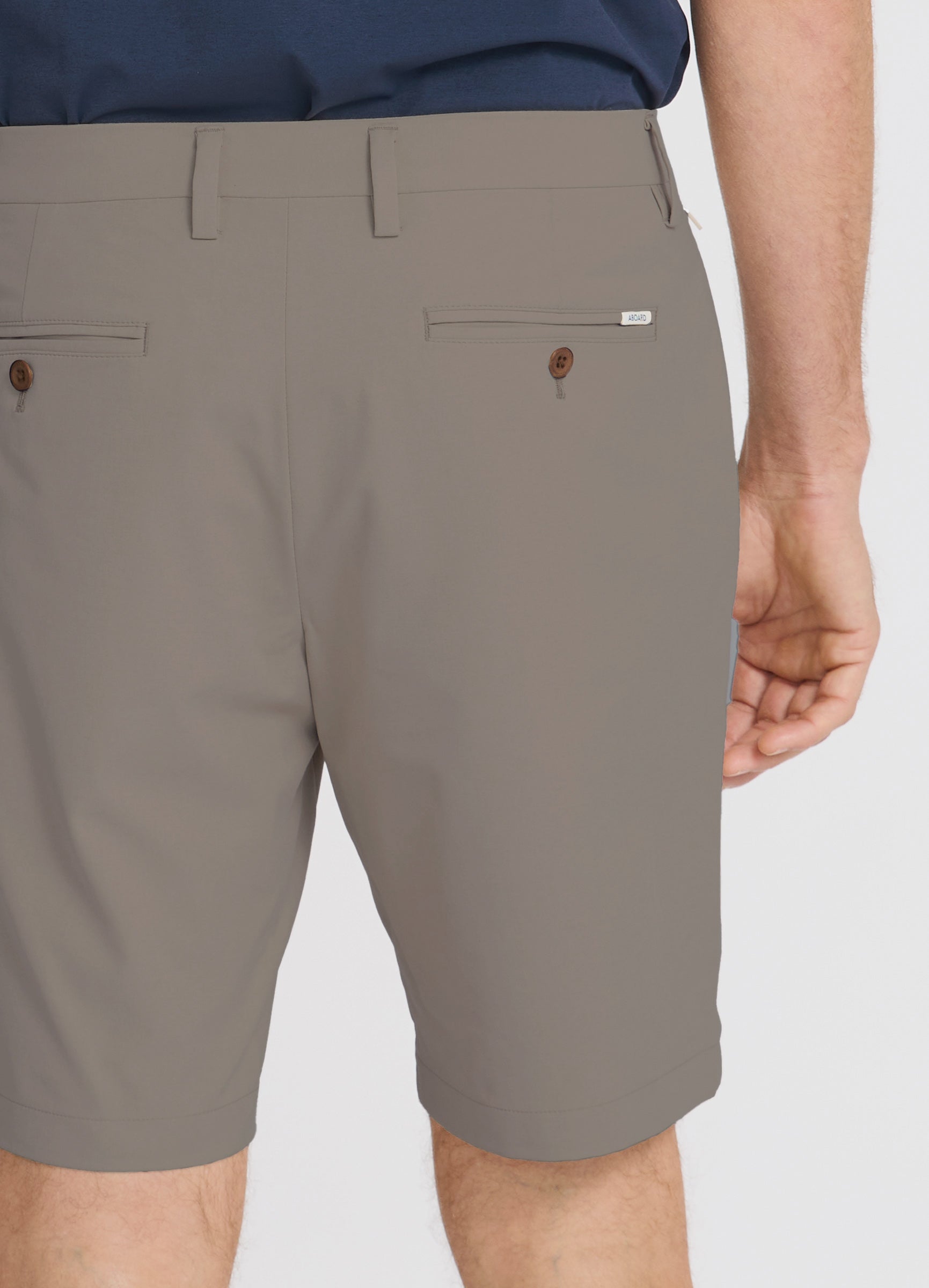 Positano Travel Chino Short in Truffle – Close-Up of Premium Fabric & Luxury Corozo Nut Buttons #color_truffle