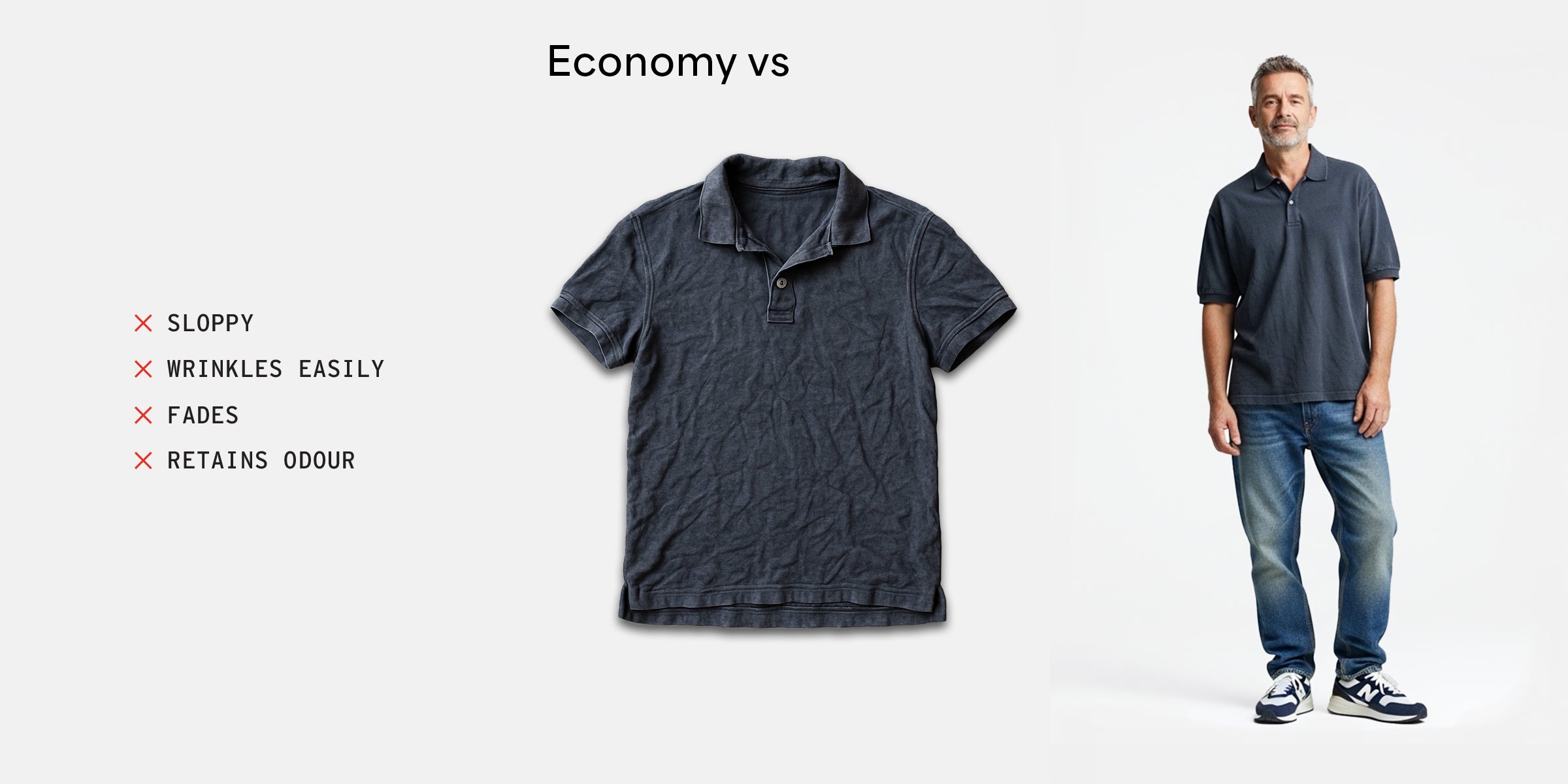 Crinkled, faded men’s polo shirt representing “Economy” — a basic, worn-in style shown in contrast to premium travelwear.